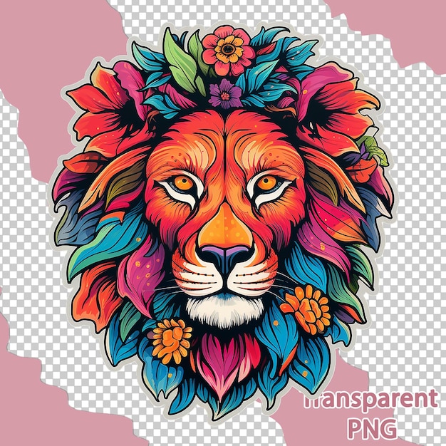 PSD ilustración estética de un león floral en un fondo transparente de arte vectorial colorido