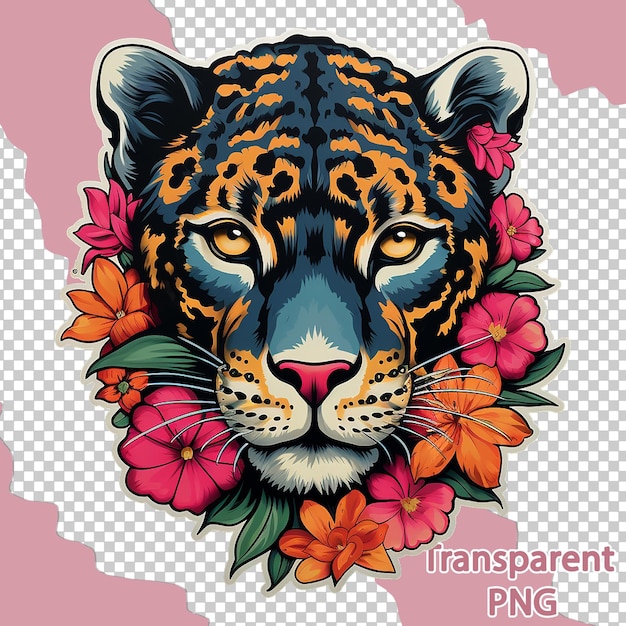 Ilustración estética de leopardo floral en colorido arte vectorial trasfondo transparente