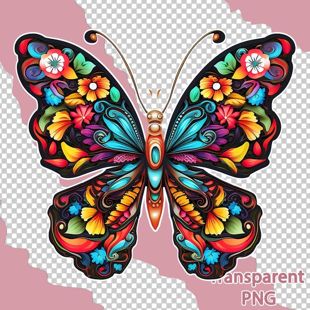 PSD ilustración estética de mariposas florales en un fondo transparente de arte vectorial colorido