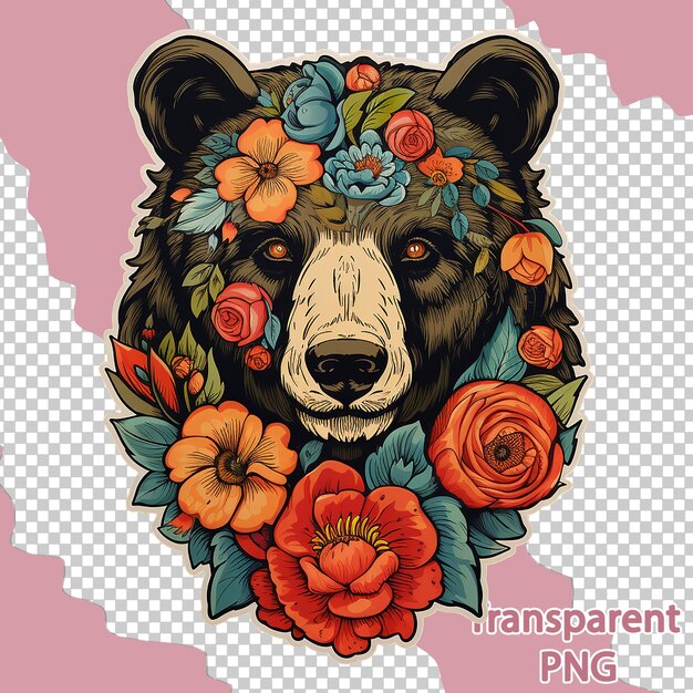 Ilustración estética de oso floral en un fondo transparente de arte vectorial colorido