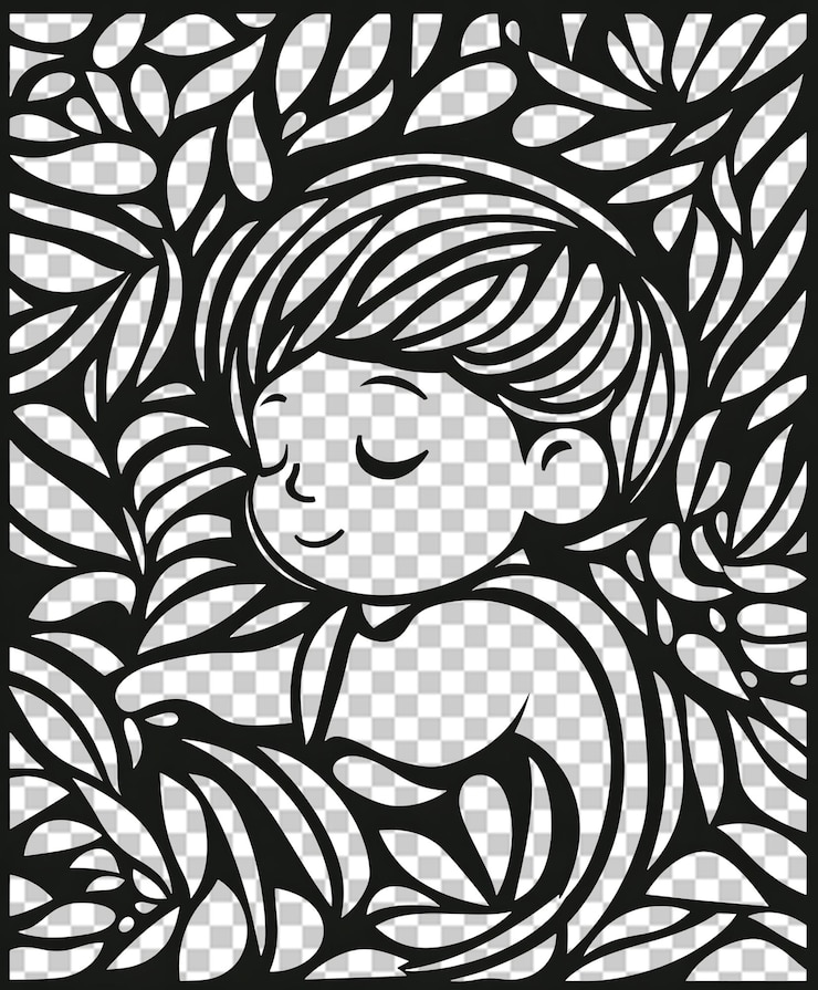 PSD ilustración estilizada de un niño rodeado de hojas