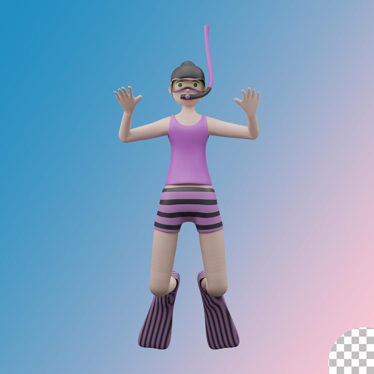 Ilustración de estilo de estancia frontal de snorkel femenino 3d