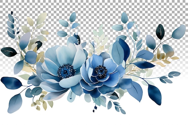 Ilustración floral de acuarela flores azules y eucalipto enmarco de ramo de vegetación