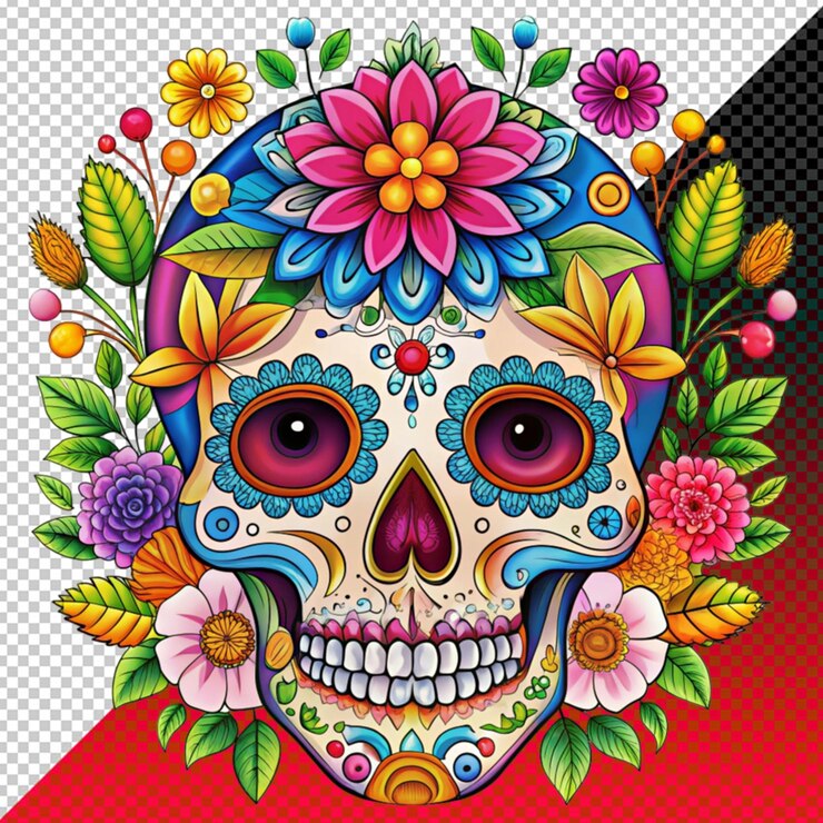 PSD ilustración floral de cráneo grunge en un fondo transparente