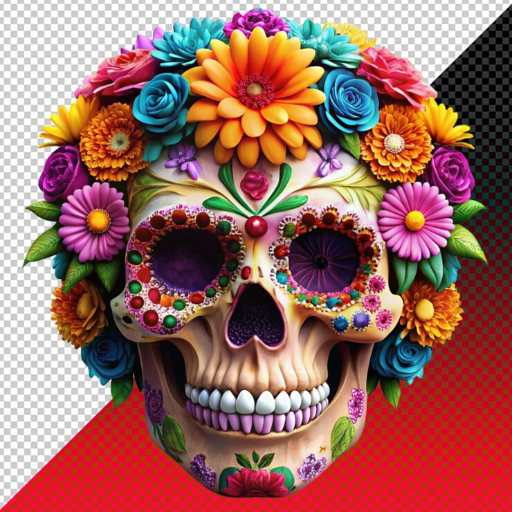 PSD ilustración floral de cráneo grunge en un fondo transparente