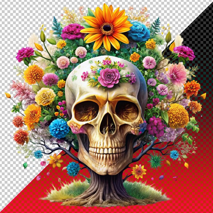 PSD ilustración floral de cráneo grunge en un fondo transparente