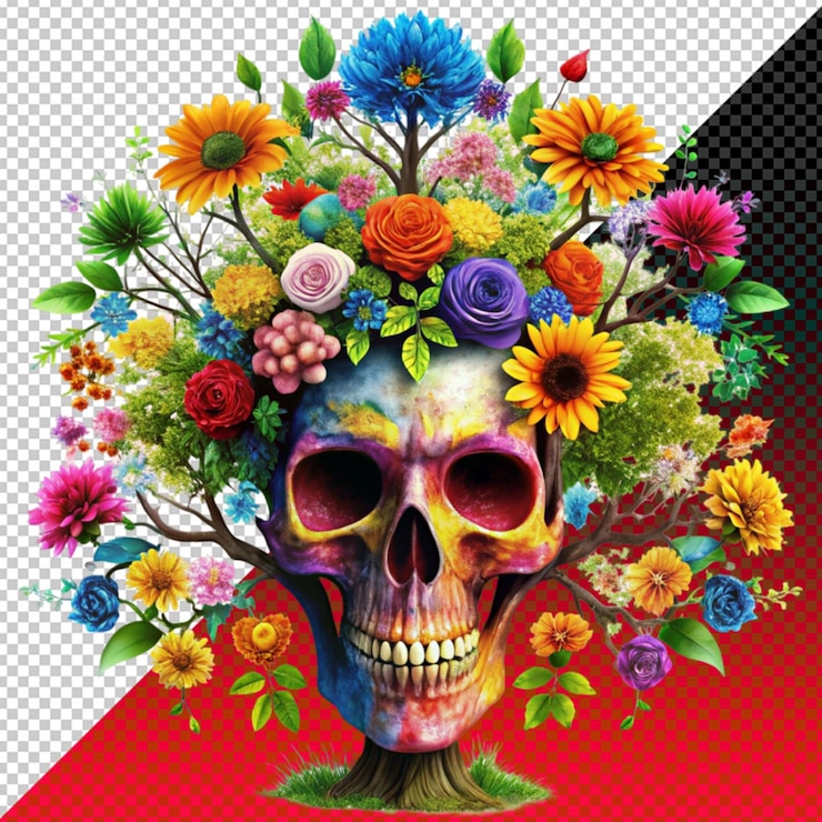 PSD ilustración floral de cráneo grunge en un fondo transparente