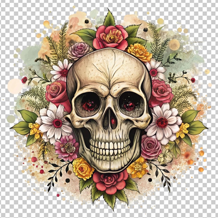 PSD ilustración floral de cráneo grunge en un fondo transparente