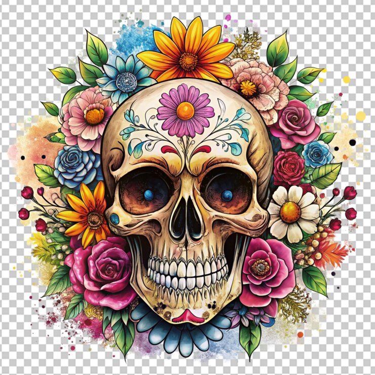 PSD ilustración floral de cráneo grunge en un fondo transparente