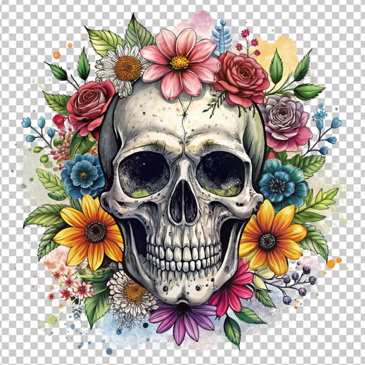PSD ilustración floral de cráneo grunge en un fondo transparente