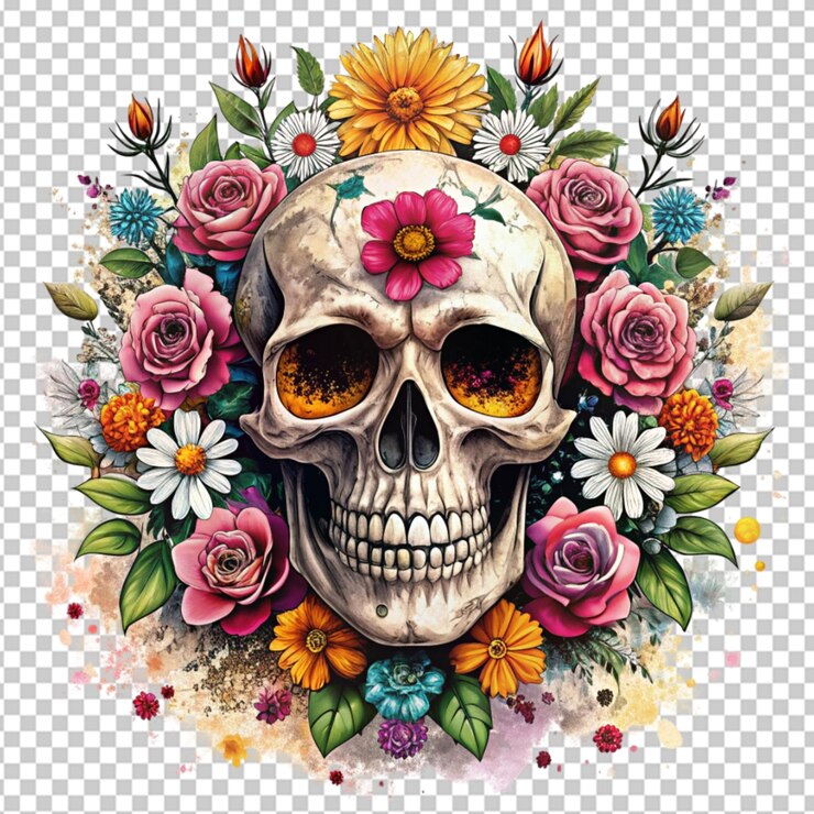 PSD ilustración floral de cráneo grunge en un fondo transparente