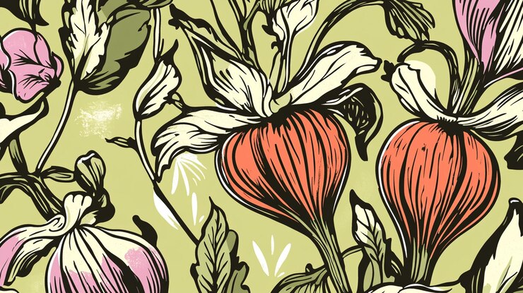PSD ilustración floral detallada con varias flores y hojas sobre un fondo verde apagado