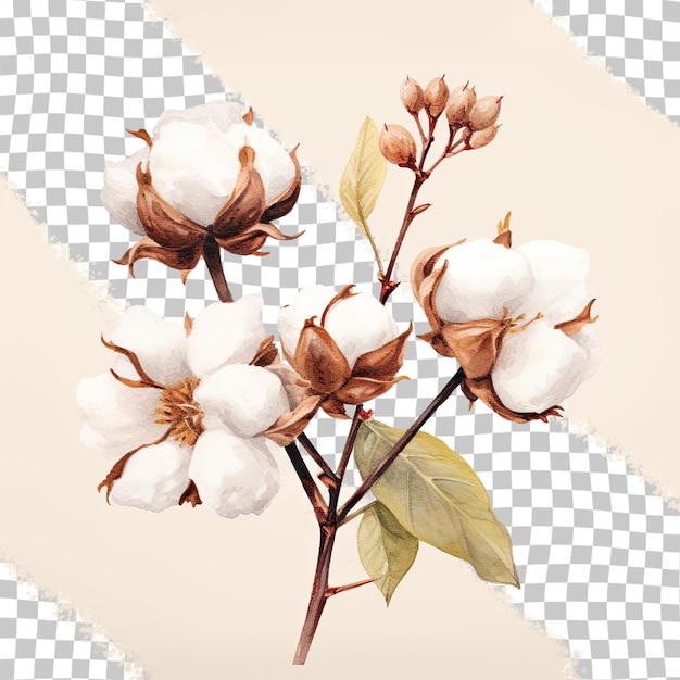 PSD ilustración de flores de algodón pintadas con acuarelas sobre un fondo transparente
