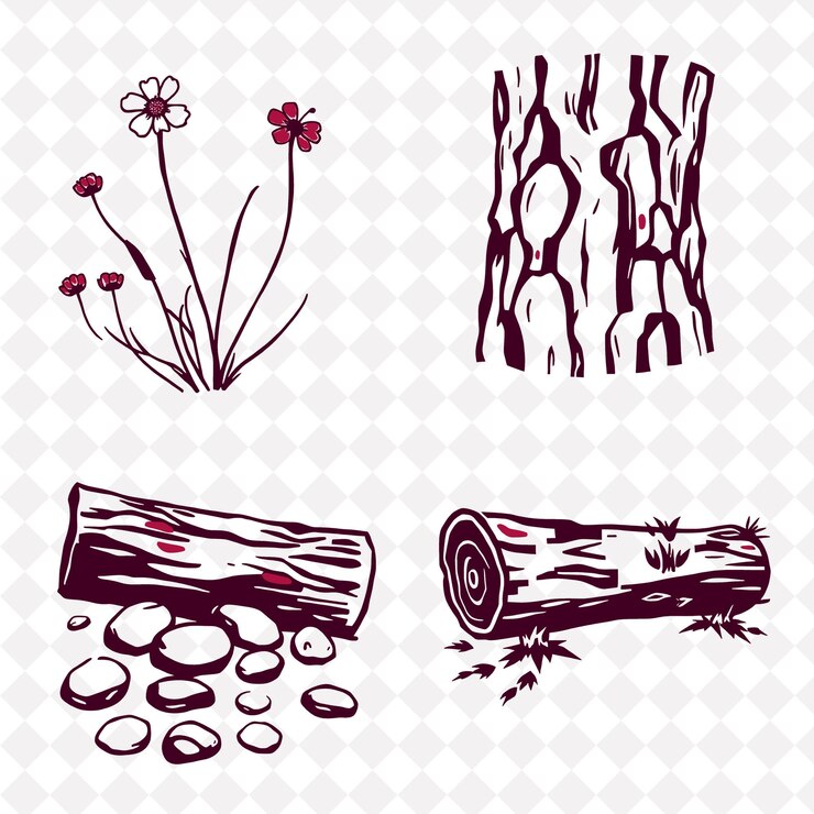 PSD ilustración flores silvestres corteza guijarros troncos caídos flores silvestres balanceándose suavemente en la brisa áspero b