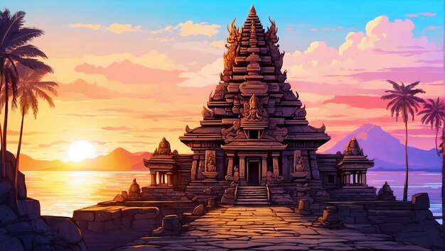 PSD ilustración de fondo del día de silencio de nyepi con el templo al atardecer