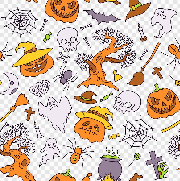 PSD ilustración de fondo de patrones sin fisuras elementos de fiesta de halloween conjunto de iconos en dibujos animados