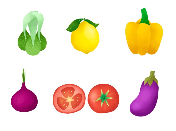 PSD ilustración de frutas y verduras dibujada a mano con tomate texturizado, berenjena, cebolla, limón y oleandra