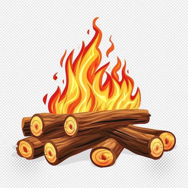 Ilustración de fuego en tronco de madera fondo transparente