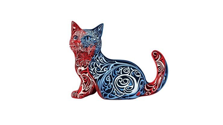 PSD ilustración de gatito adornado con rojo y azul