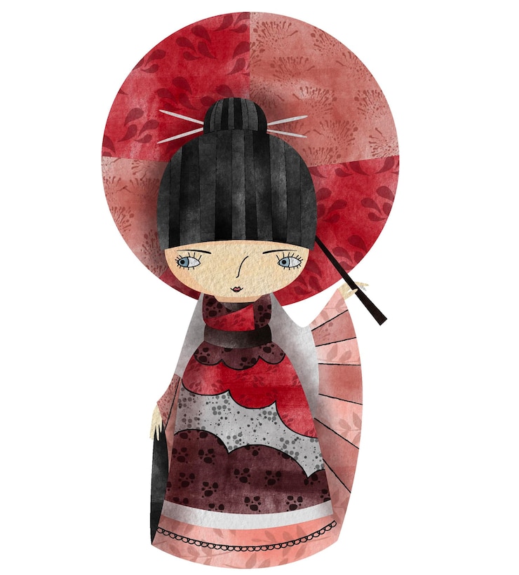 PSD ilustración de una geisha con un paraguas rojo