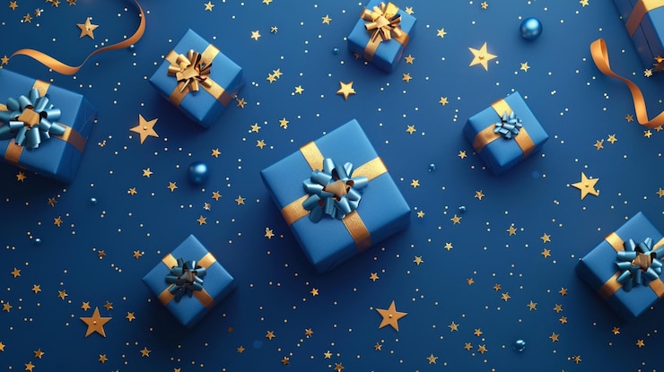 PSD ilustración generativa de ia de regalos azules con arcos y cintas doradas colocados sobre un fondo azul