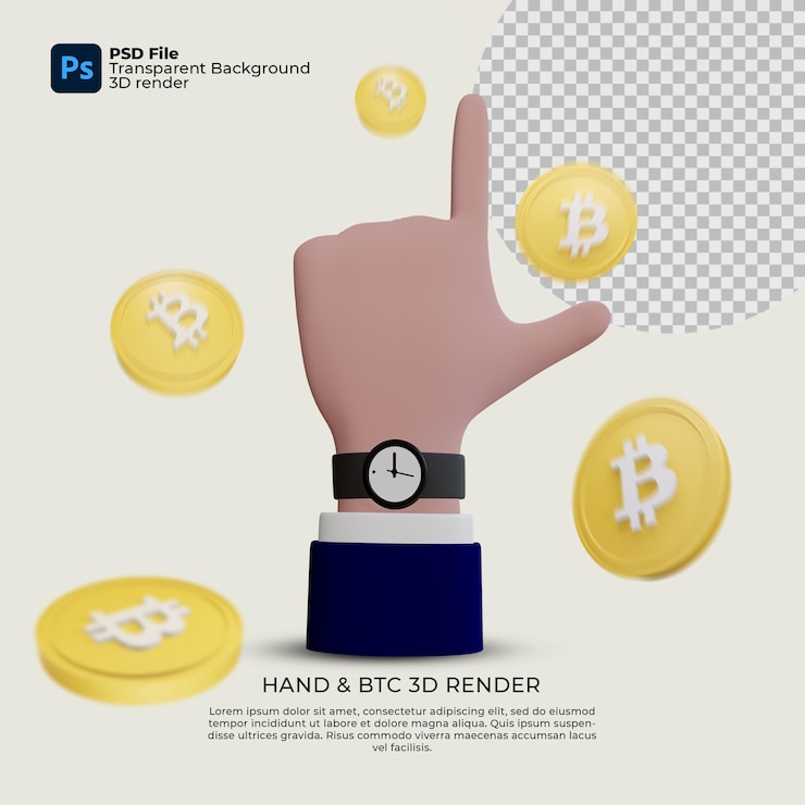 PSD ilustración de gesto de mano y renderizado 3d de bitcoin