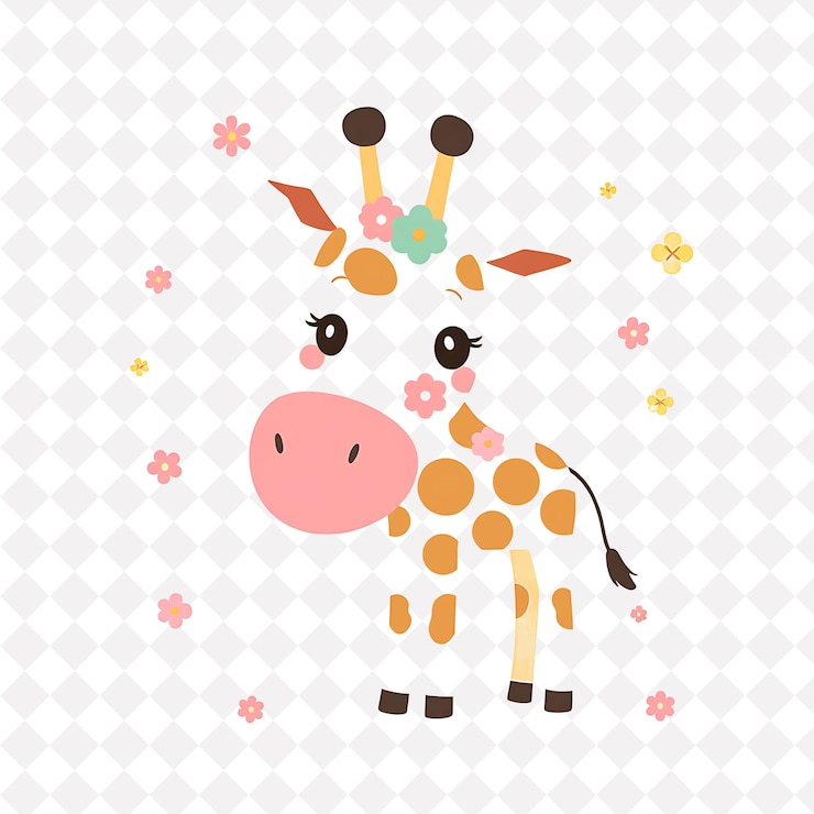 PSD ilustración girafa dulce con patrones florales colocados al azar suave pastel diseño de color lindo obj