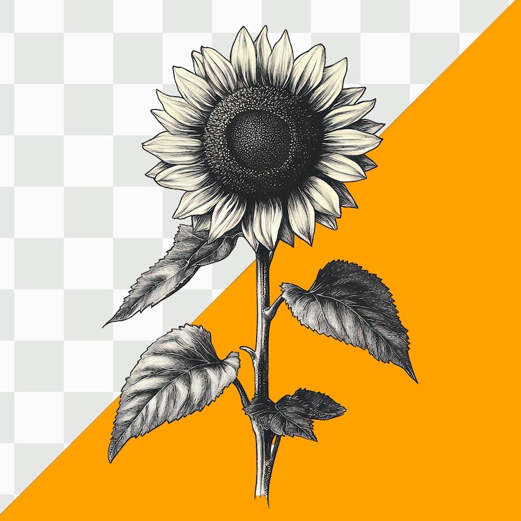 PSD ilustración de girasol vibrante con hojas obras de arte florales brillantes