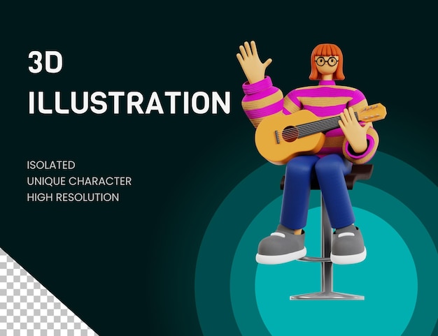 PSD ilustración de guitarrista de niña 3d