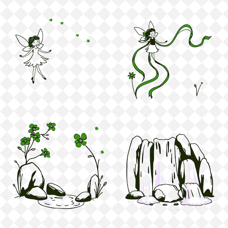 PSD ilustración hadas cintas flores cascadas pequeñas hadas bailando con alegría cintas que fluyen