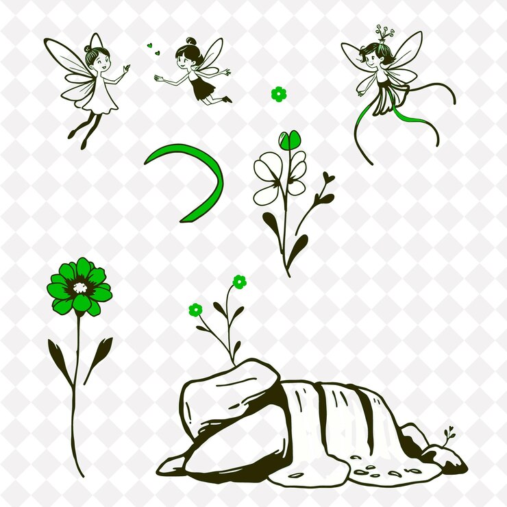 PSD ilustración hadas cintas flores cascadas pequeñas hadas bailando con alegría cintas que fluyen