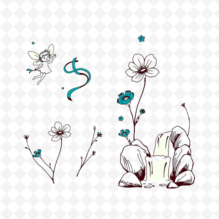 PSD ilustración hadas cintas flores cascadas pequeñas hadas bailando colores creativos conjunto de la naturaleza