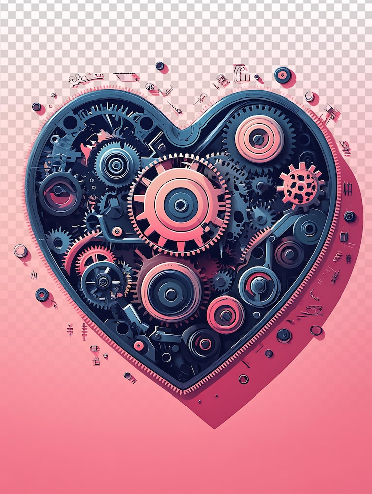 PSD ilustración de heartshaped gear mecha en fondo rosa para las redes sociales