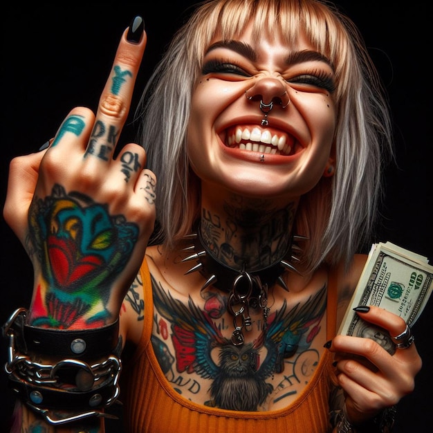 PSD ilustración hiperrealista de arte vectorial póster mujer joven cara posando emoción de dedo apestoso