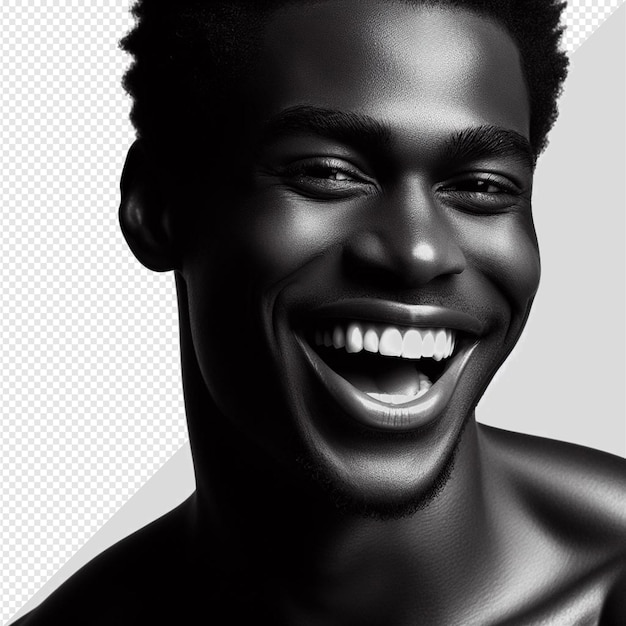 PSD ilustración hiperrealista de un modelo afro-hombre riendo posando en un fondo transparente aislado