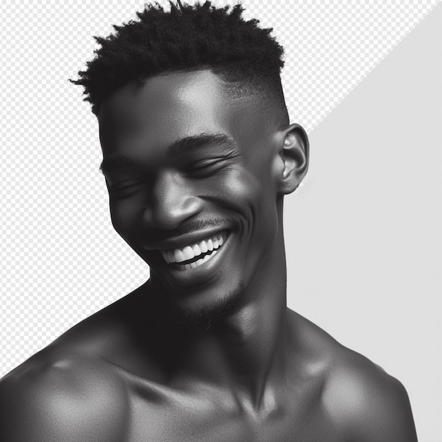 Ilustración hiperrealista de un modelo afro-hombre riendo posando en un fondo transparente aislado