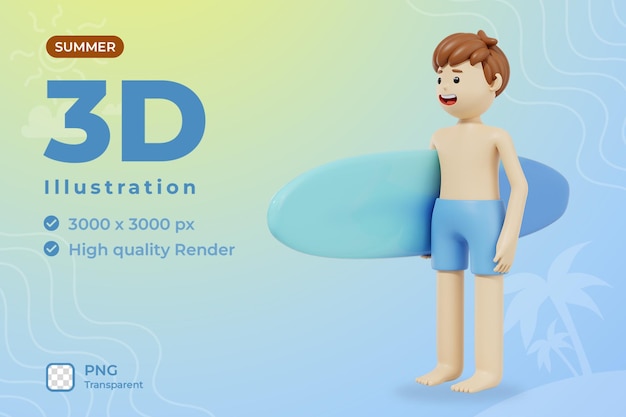 PSD ilustración de hombre de verano 3d listo para surfear