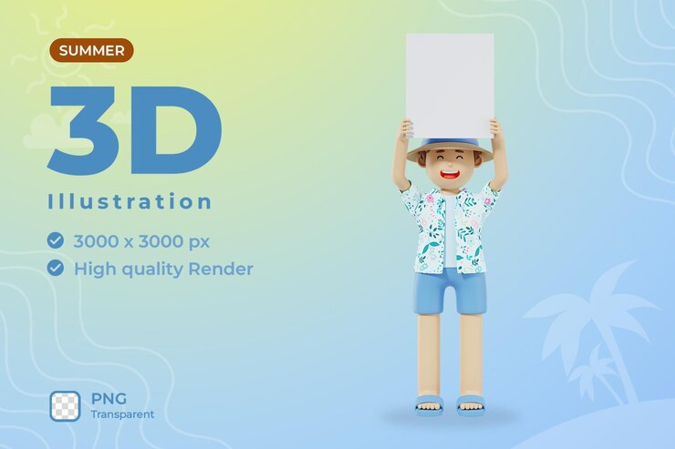 PSD ilustración de hombre de verano 3d mantenga cartel blanco
