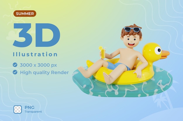 PSD ilustración de hombre de verano 3d relajarse en flotador de pato