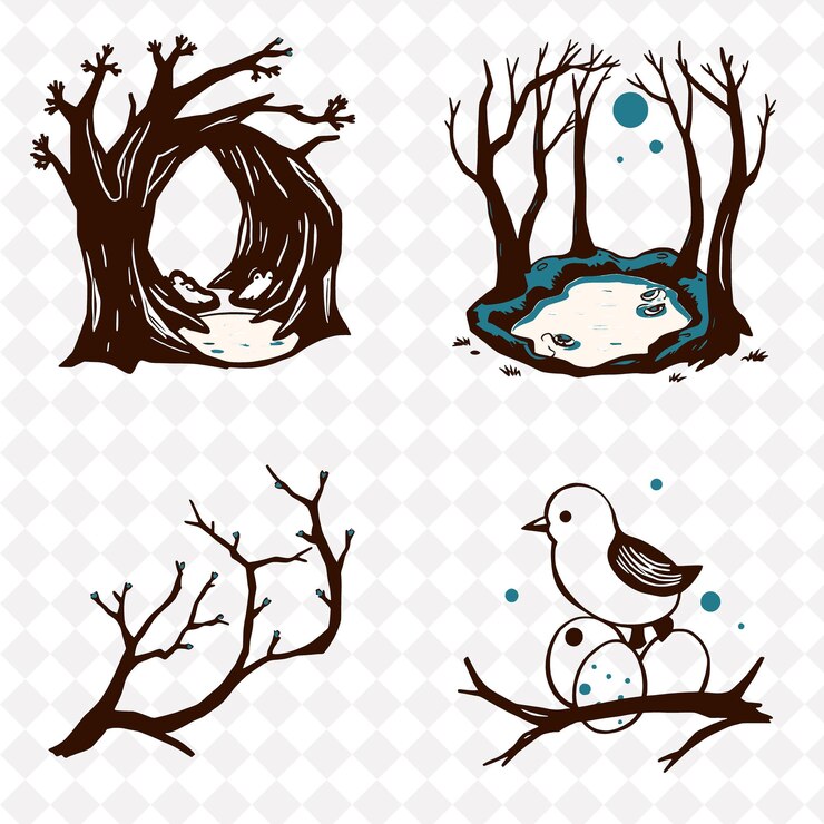 PSD ilustración los huecos de los árboles las piscinas del bosque las ramas los huevos de los pájaros