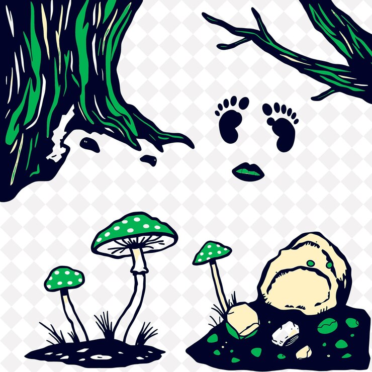 PSD ilustración huellas de animales de corteza hongos silvestres rocas de musgo corteza descascarándose de los árboles pie de animal