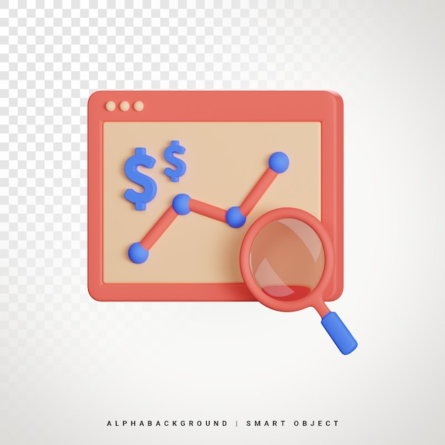Ilustración de icono 3d de análisis de finanzas de búsqueda