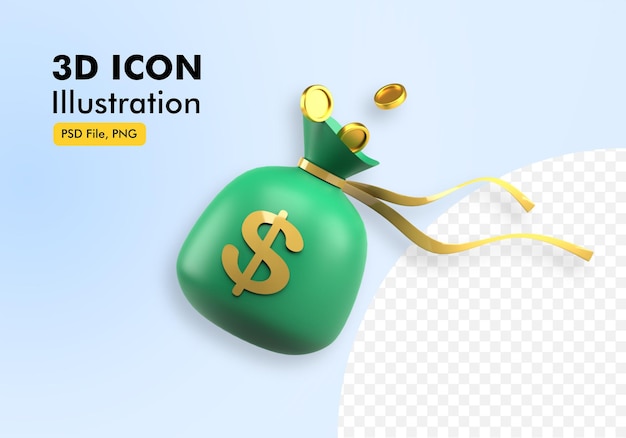 ilustración de icono 3d de bolsa de moneda de oro