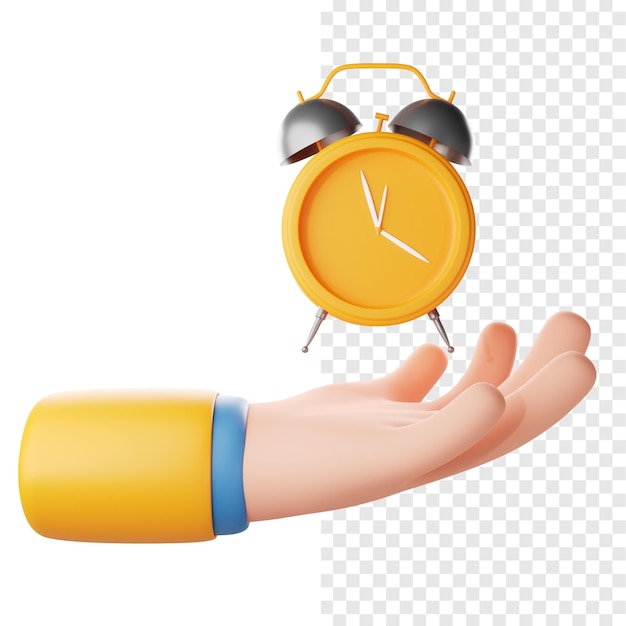 Ilustración del icono 3D del gesto de la mano que sostiene la alarma