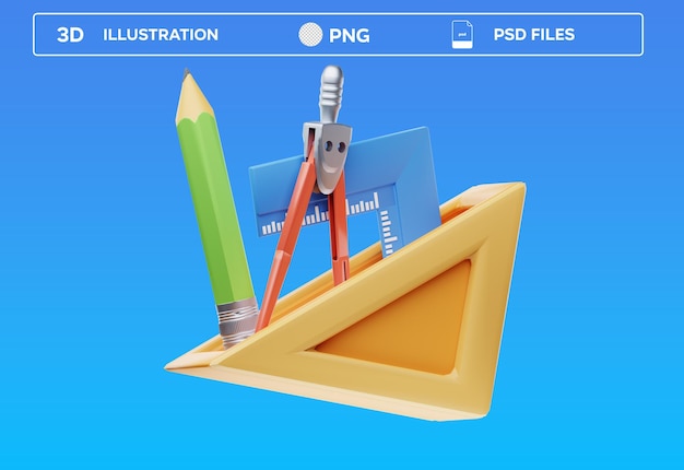 Ilustración del icono 3D de los instrumentos de dibujo de PSD