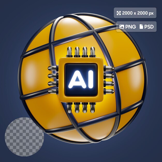 Ilustración de icono 3D del mundo de la IA con chip