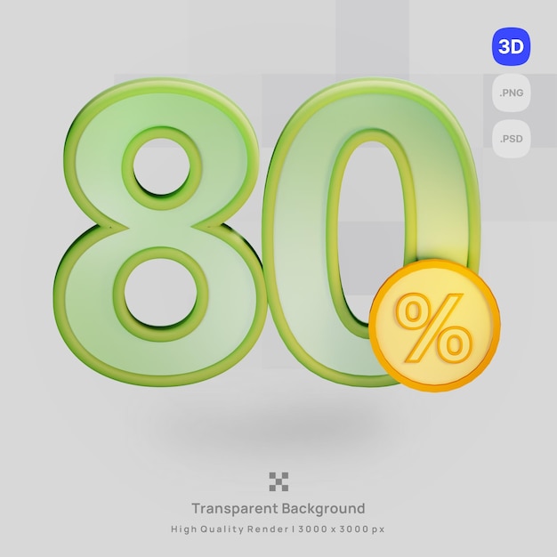 Ilustración de icono 3D PSD render banner número 80 por ciento de descuento con fondo transparente