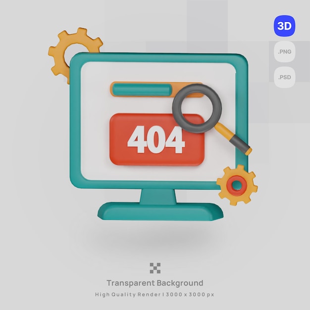 PSD ilustración de icono 3d renderizado de optimización de motor de búsqueda 404 no encontrado con fondo transparente