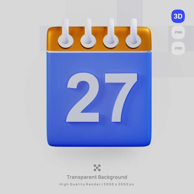 La ilustración del icono 3d representa la fecha del calendario azul 27 con fondo transparente