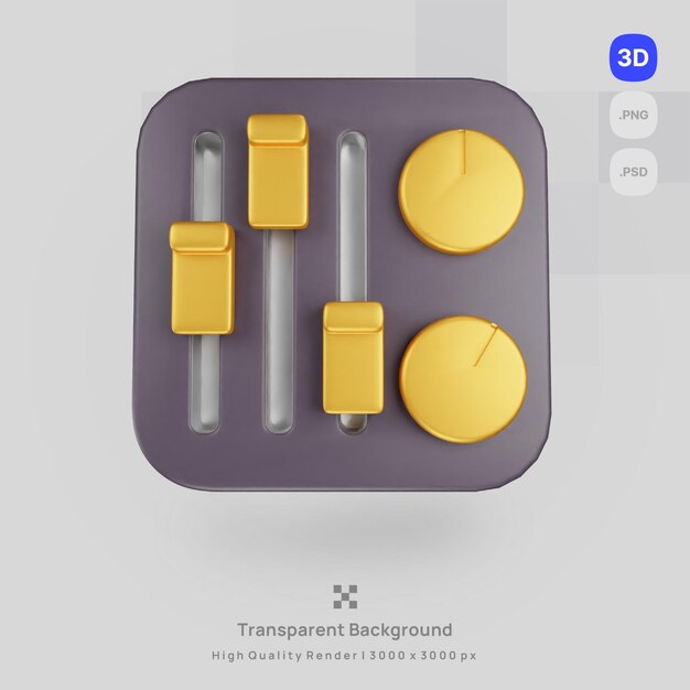 La ilustración del icono 3D representa la mesa de mezclas del estudio de música con fondo transparente